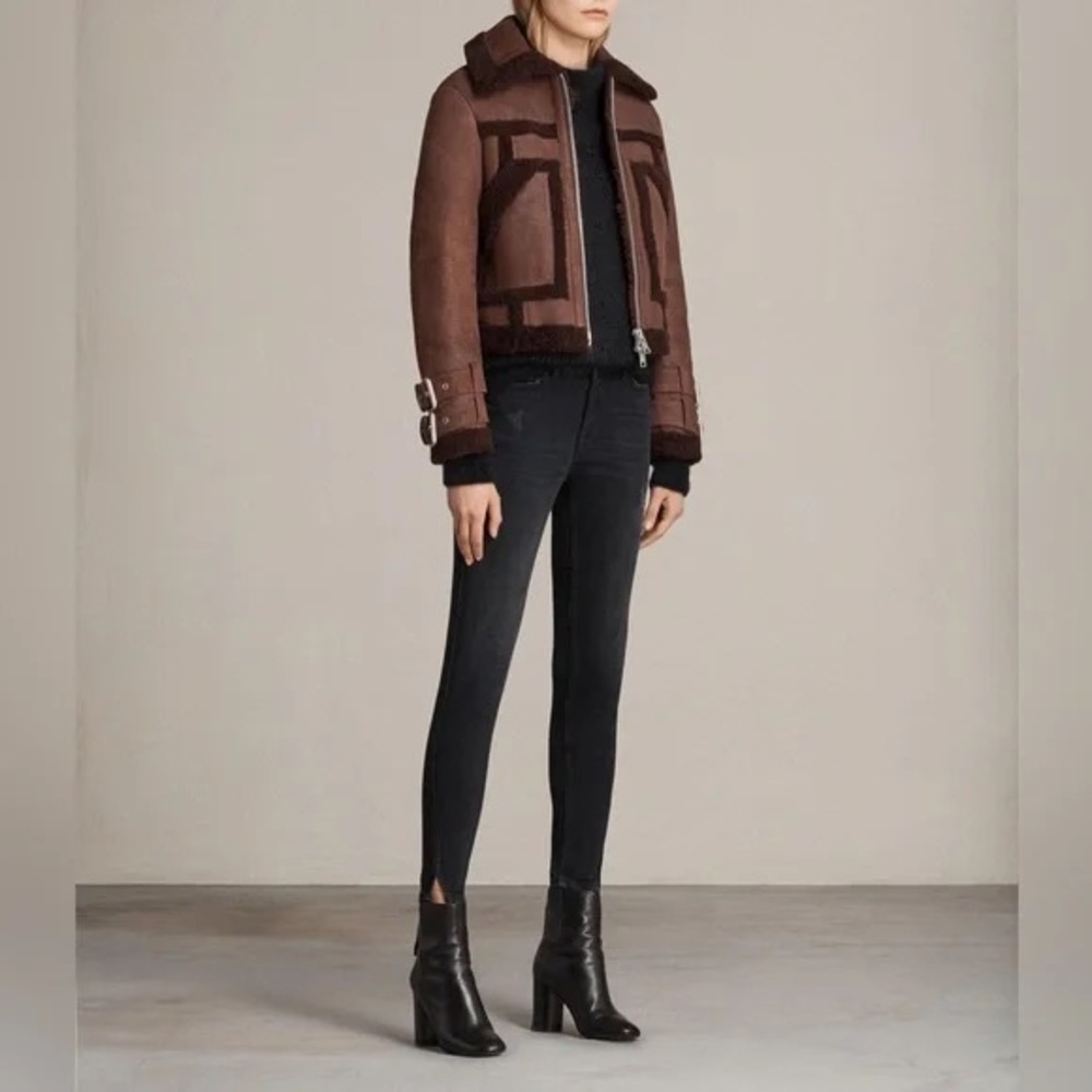 All Saints Brown Shearling-Trim Suede Jacket - Picture 3 of 7